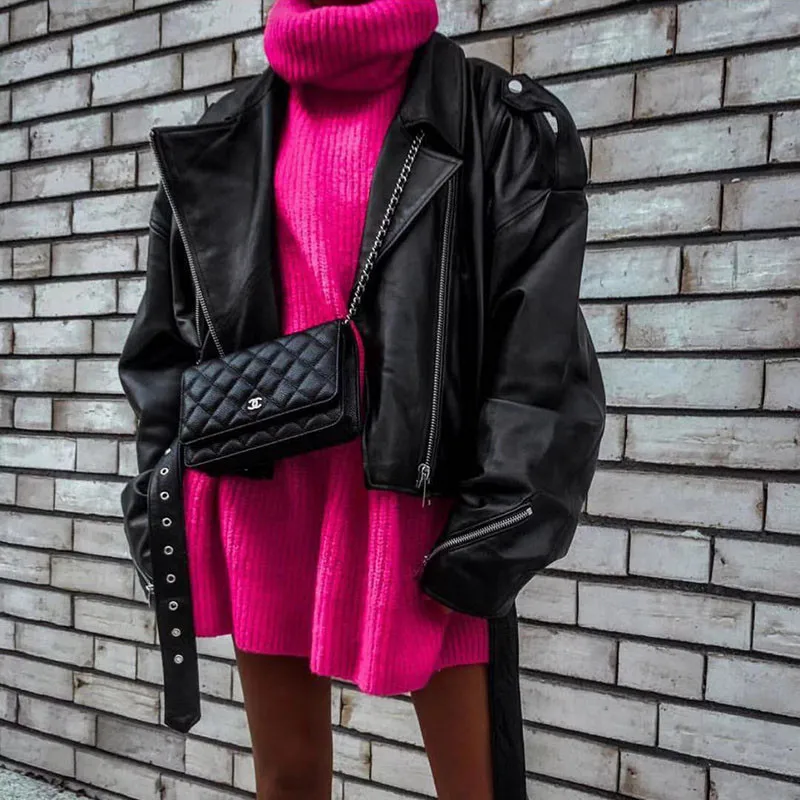 

Vintage Casual Turtleneck FashionSweaters Women Oversize Loose Thick Pullovers Autumn Winter Y2K Long Sweater Dress M0685