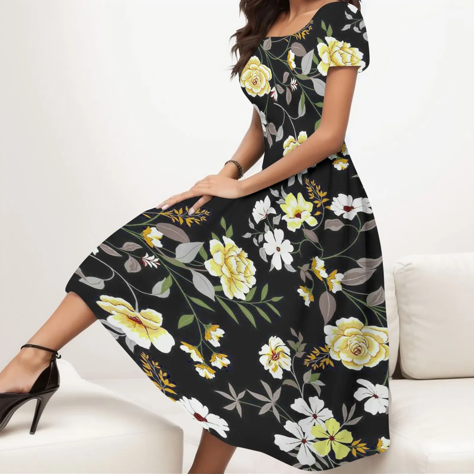 

Women Boho Beach Long Sundress Summer Casual Short Sleeve Floral Printed Crew Neck Loose Dress Dress Summer