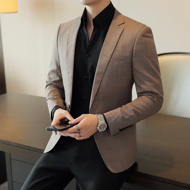 Роскошный высококачественный мужской повседневный пиджак в сетку и полоску