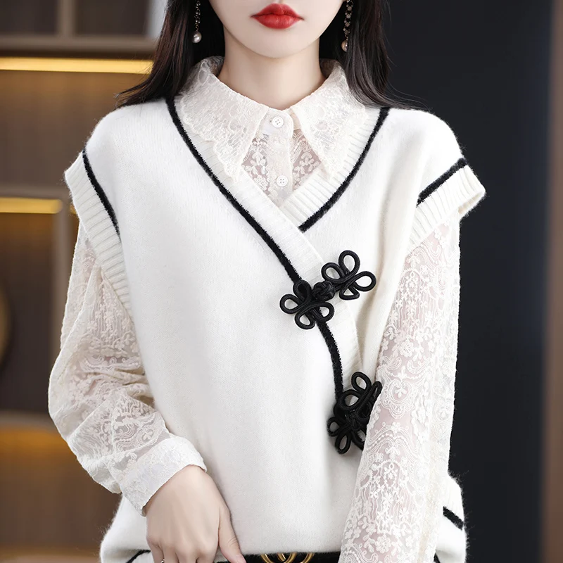 

Women's Waistcoat Spring and Summer New V-Neck Knitted Waistcoat 100% Pure Wool contrast Pullover Sweater Casual Loose