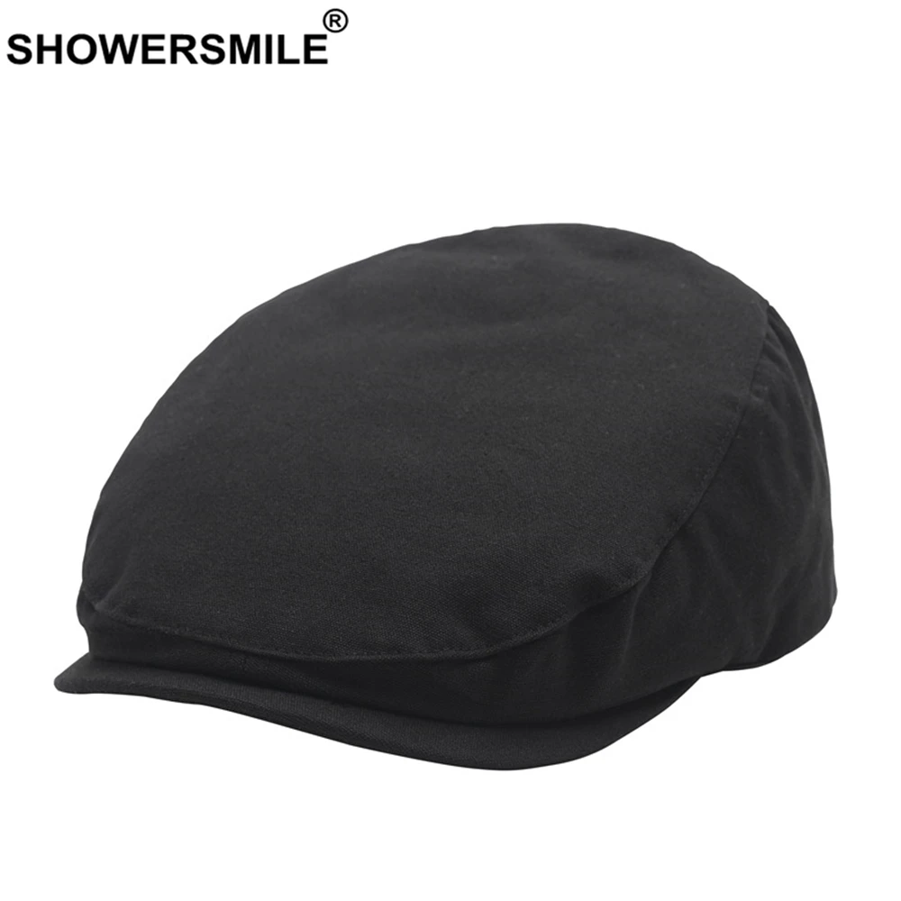 

SHOWERSMILE Black Summer Flat Cap Men Cotton Ivy Caps Vintage Newsboy Cabbie Driver Solid Casual British Adjustable Khaki Beret