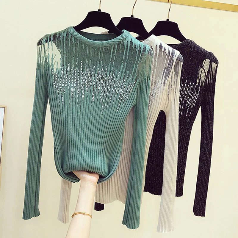 

LJSXLS Diamonds Thin Knitted Sweater Female Hollow Out Sweaters Women 2022 Autumn Sexy Tops Bright Wire Pullover Woman Clothes