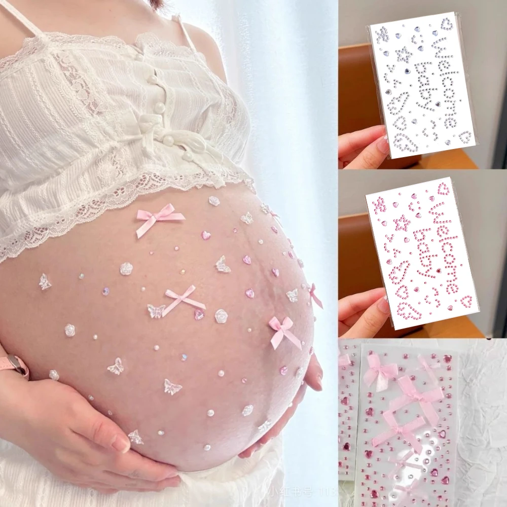 3D-наклейки с блестящими стразами «Welcome Baby» для фотосессий беременных: наклейки на живот с сердечками, бантиками и кристаллами (art.: 3920dbb04be22) - 3920dbb04be22