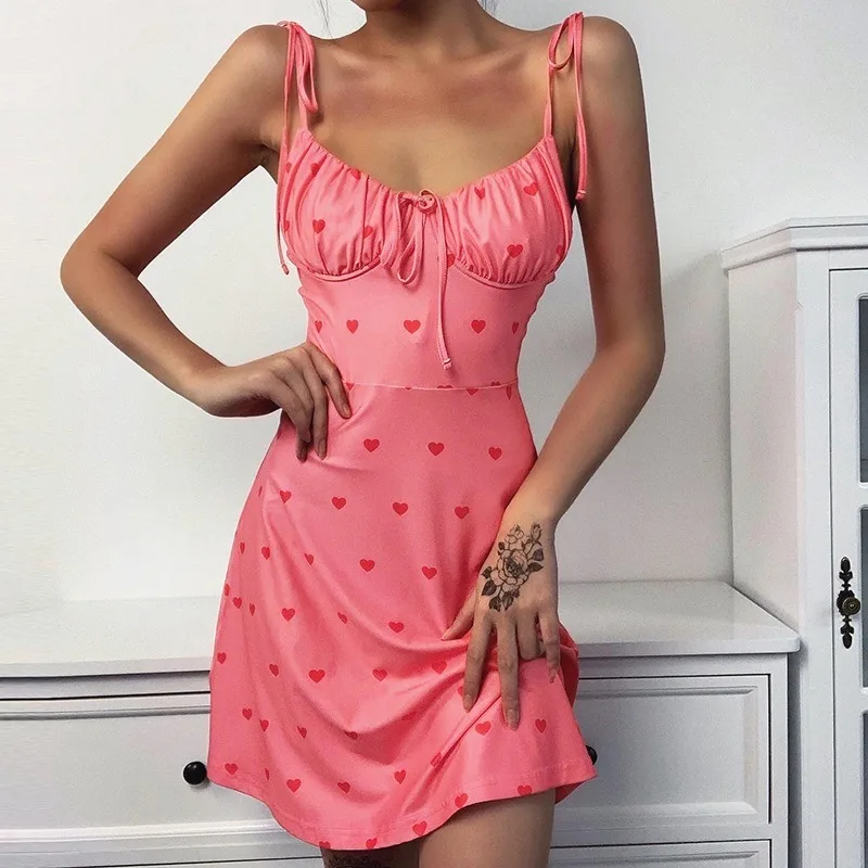 Ladies V-neck Pink Party Dresses 2021 New Women Cottagecore Dress Ladies Sleeveless Heart-shaped Print Pencil Tight Beach Skirts