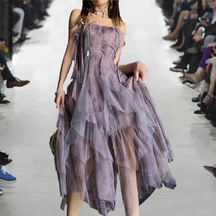 

WTIANYUW High Quality Luxury Women Summer Chic Fashion Slash Neck Sleeveless Spaghetti Strap Organza Party Holiday Dress