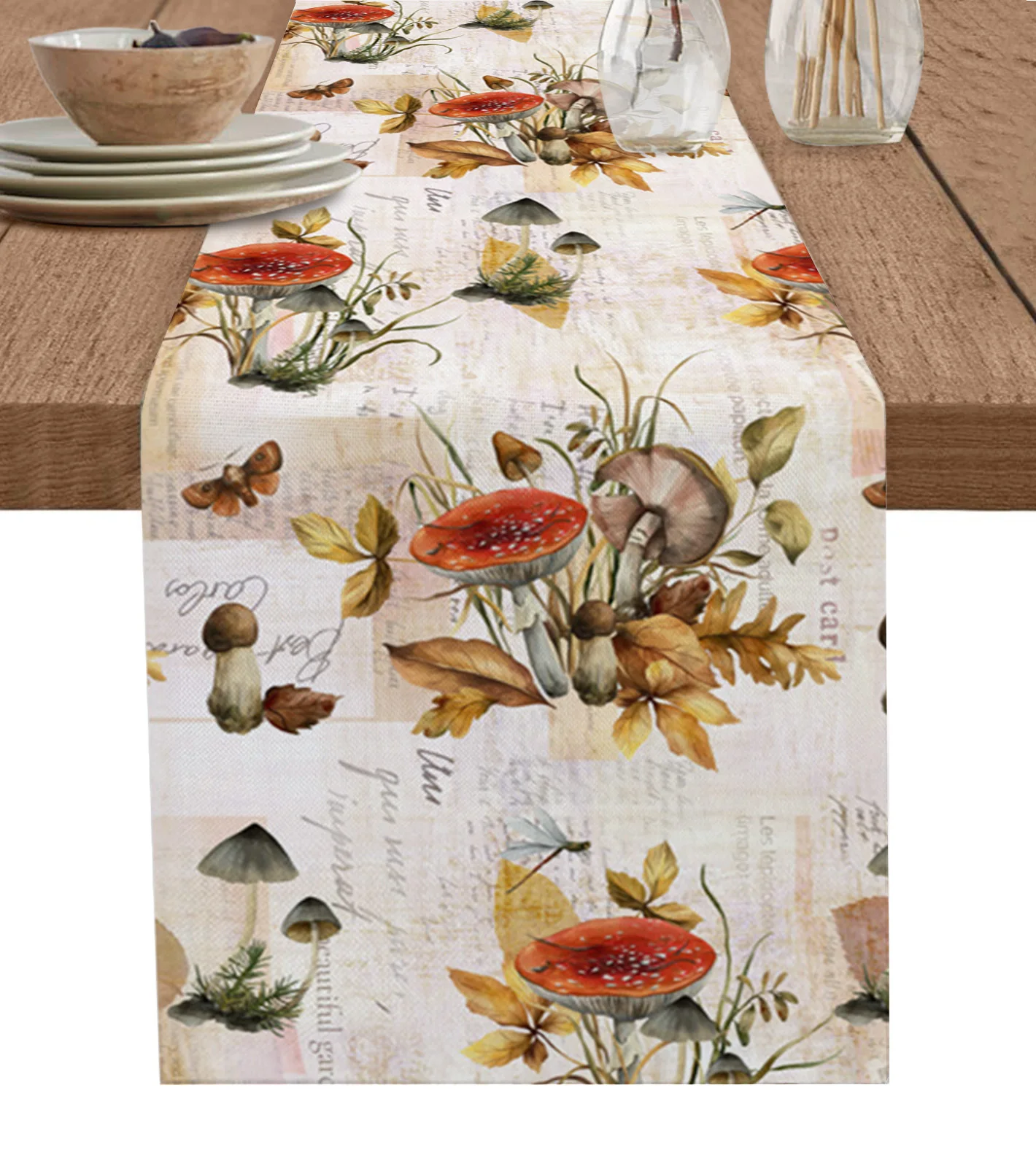 

Fall Mushroom Flower Butterfly Dragonfly Table Runner for Wedding Decoration Modern Party Home Decoration Tablecloth