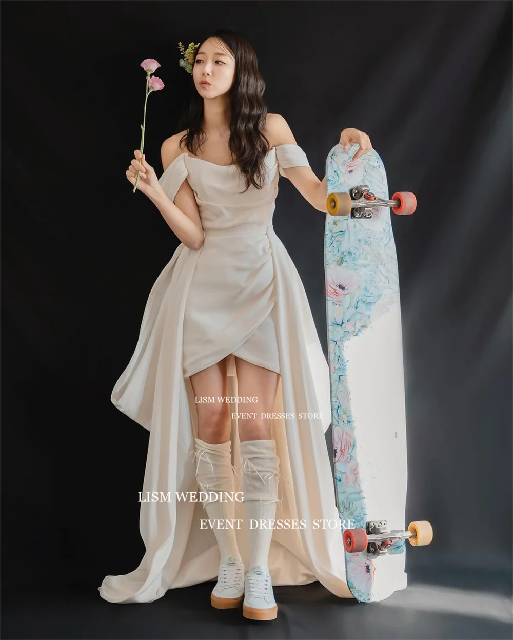 Атласное Короткое свадебное платье LISM с длинным шлейфом и надписью Cawl Neck