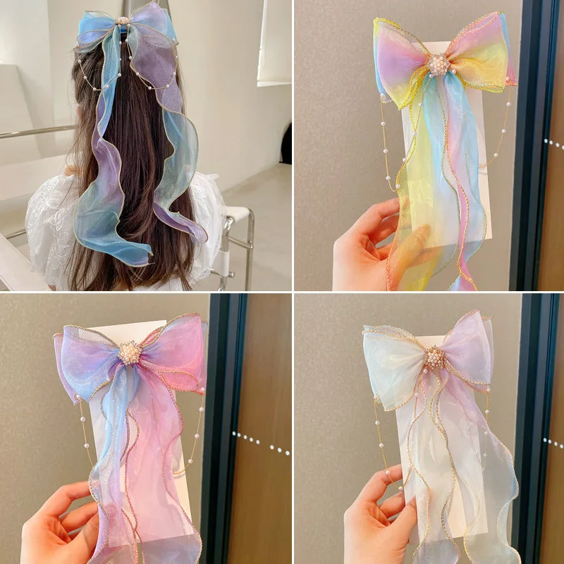 

Bow Pearl Hair Clip For Girls Flower Streamer Hairpin Show Hair アクセサリーです Decorative Aксессуар