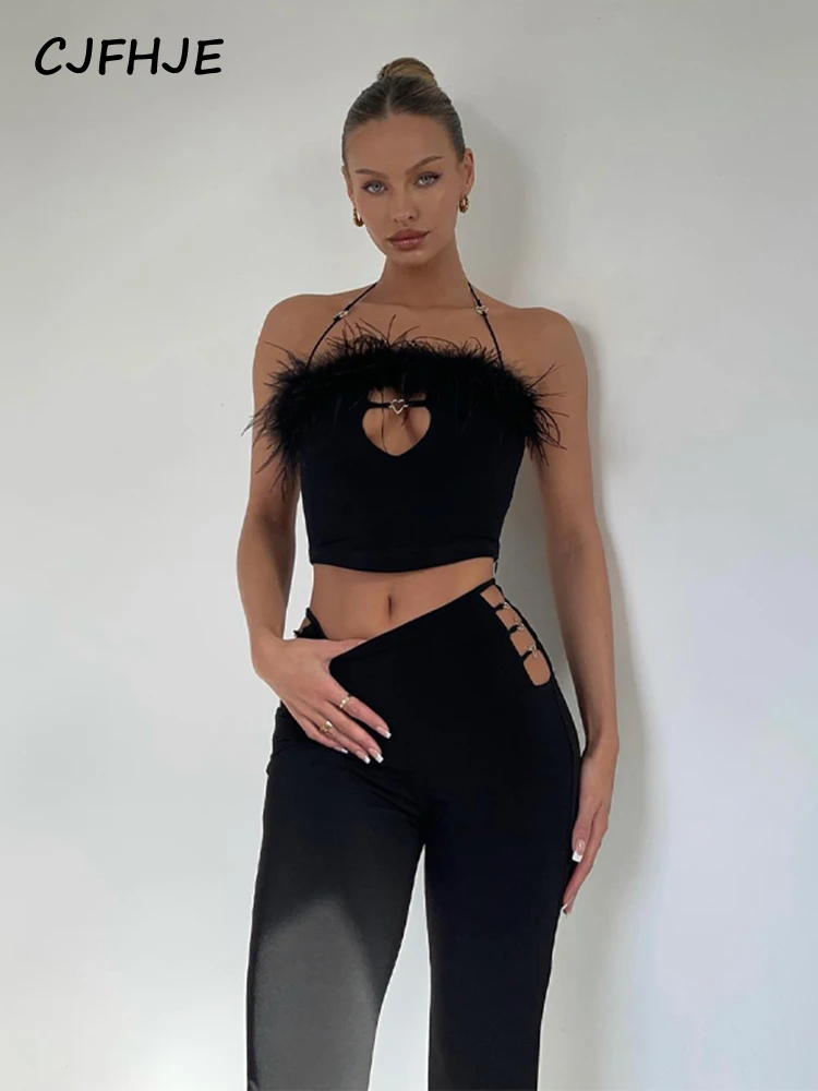 

CJFHJE Feather Hollow Out Crop Top Wide Leg Pants 2 Pcs Set 2022 Summer Women Beach Party Club Holiday Outfits Tracksuit Y2K