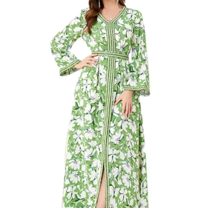 Long Dresses Elegant V-Neck Lace Tape Print Party Dress Knee-Length Robe With Belt Kaftans For Women Abaya Eid Mubarak