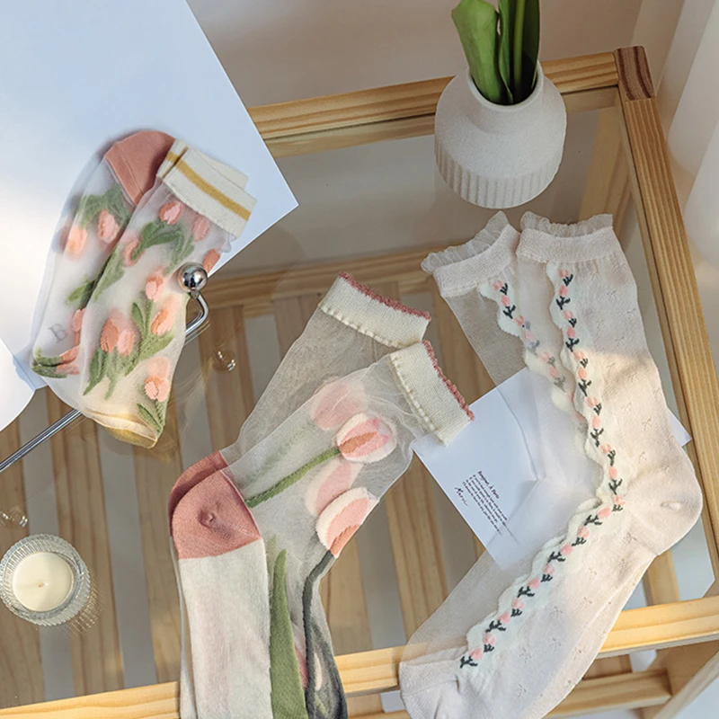 1pair Summer Ultrathin Flower Print Silk Socks for Women Girls Fashion Streetwear Transparent Crystal Elastic Middle Tube Socks