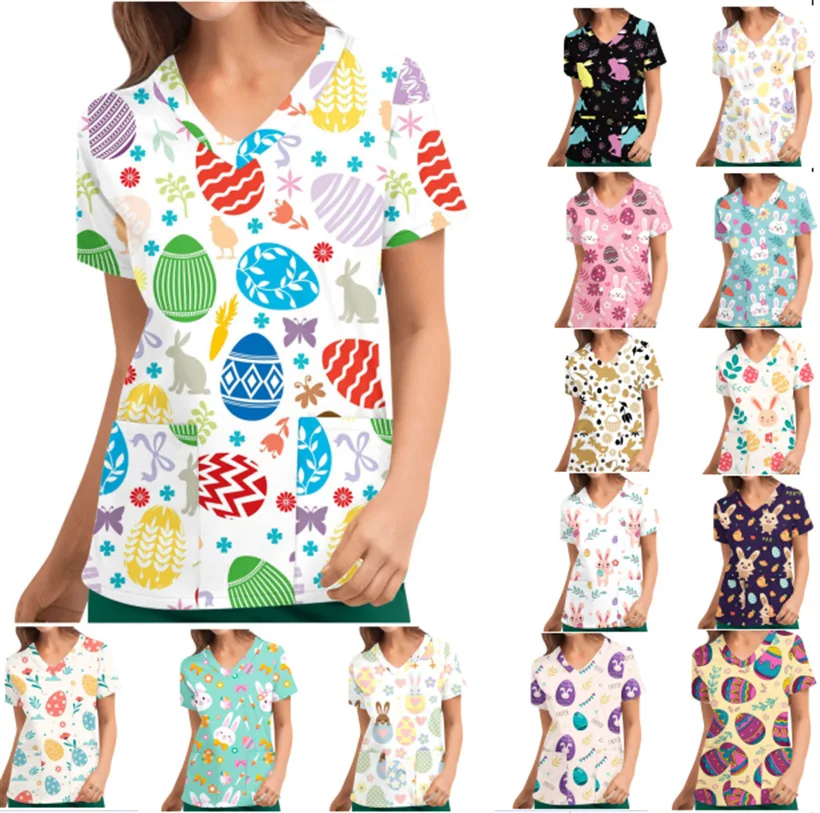 

Women Short Sleeve V-Neck Nurse Uniform Hospital Workers Animal Funny Graphic T-Shirts Scrub Tops Working Uniform Blouse