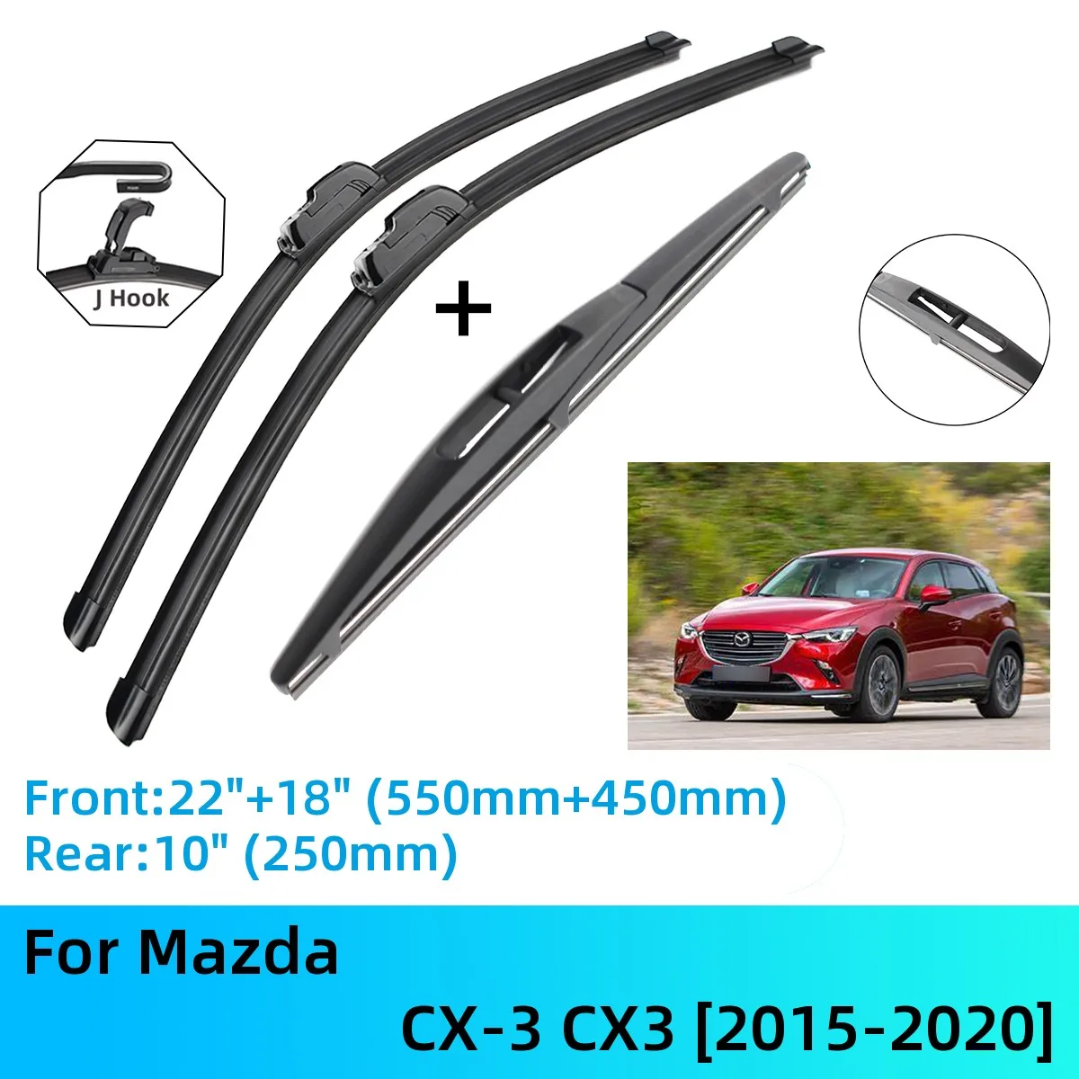 

For Mazda CX-3 CX3 Front Rear Wiper Blades Brushes Cutter Accessories J U Hook 2015-2020 2015 2016 2017 2018 2019 2020