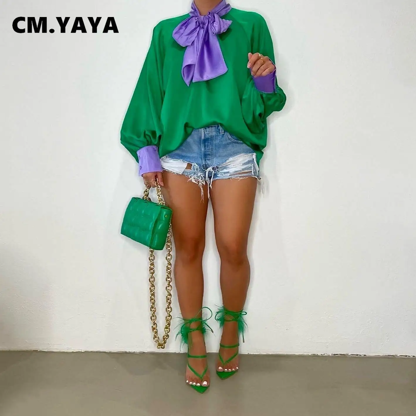 

Женская сатиновая блузка CM.YAYA, шикарный зеленый, розовая, с бантом, с длинным рукавом-фонариком, для 2022