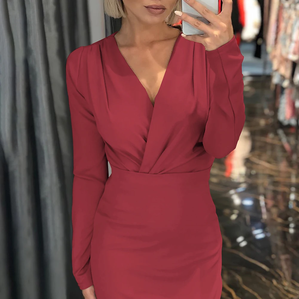 

Long Sleeve Bodycon Dress Women High-quality Personality Comfortable Solid Ruffled V-neck Hip Wrapped Dresses Plus Size