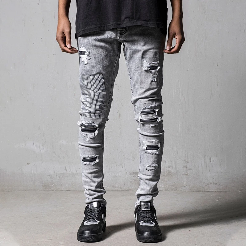 Ripped Jeans Men's Casual Pants Fashion Skinny Beggar Patch Blue Slim Pencil Denim Trousers Streetwear Jeans for Men