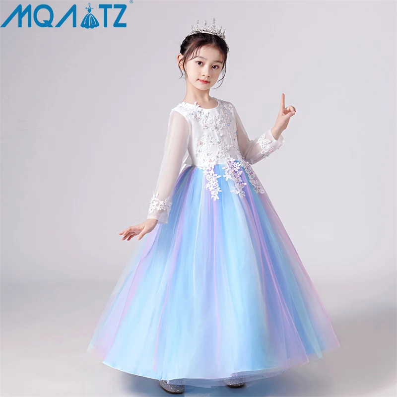 

Детское праздвечерние чное платье принцессы MQ4 на 3-12 лет, белое свадебное платье с вышивкой и длинным рукавом для подружки невесты, летнее п...