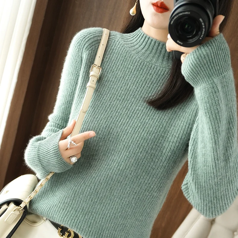 Autumn/winter cardigan women's half-turtleneck loose thickened sweater solid color pullover cashmere sweater cropped knitlegging enlarge