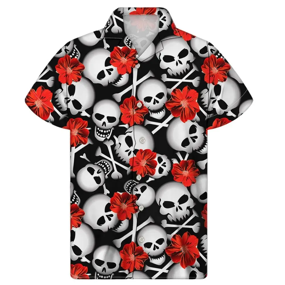 

2022 Summer Men's Shirt Skull Punk Print Hawaiian Shirt Men Fashion Single Breasted Shirt Loose Breathable Top Men 5xl