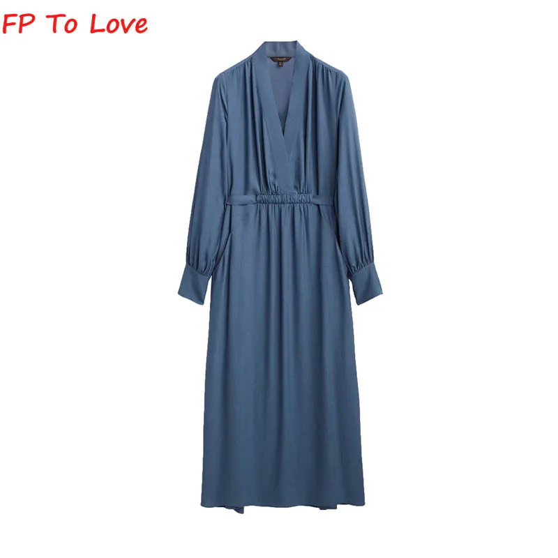 

Blue Elegant Simple Satin Dress Belt OL Office Lady Summer Long Sleeve Street V-Neck Straight FP To Love