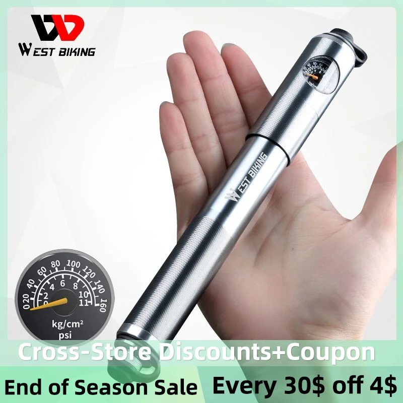 WEST BIKING Mini Bike Hand Pump with Gauge 120 -300 PSI Aluminium Alloy Presta Schrader Valve Cycling High Pressure Bicycle Pump