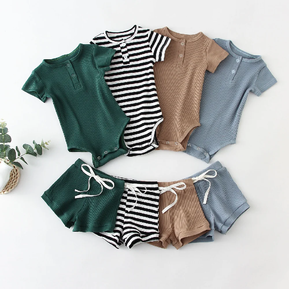 

Baby Boys Summer Clothing Sets Newborn Kids Baby Boy Ribbed Knitted Short Sleeve Bodysuits + Shorts Newborn Tracksuits Sets