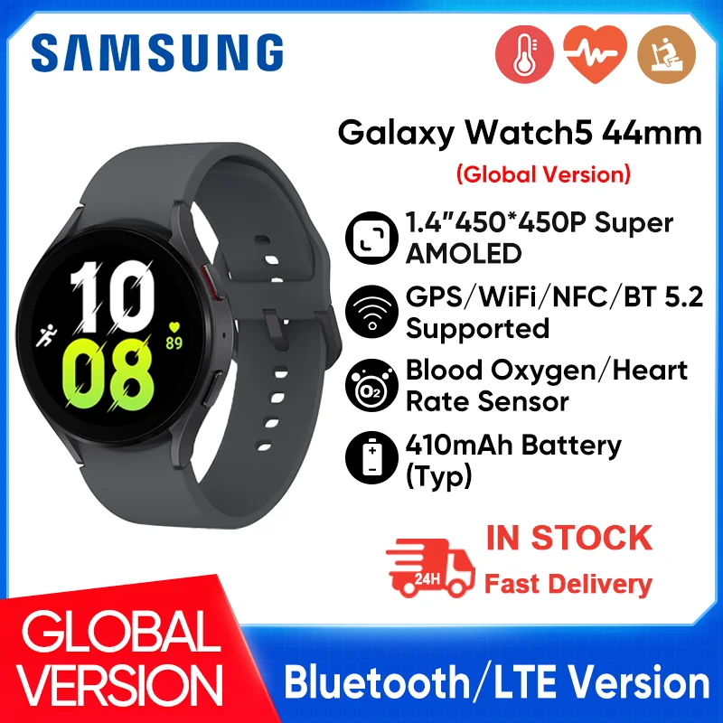 Смарт-часы Samsung Galaxy Watch 5 44 мм, экран 1,4 дюйма Super AMOLED, датчик пульса и кислорода в крови, Смарт-часы с батареей 410 мАч, GPS