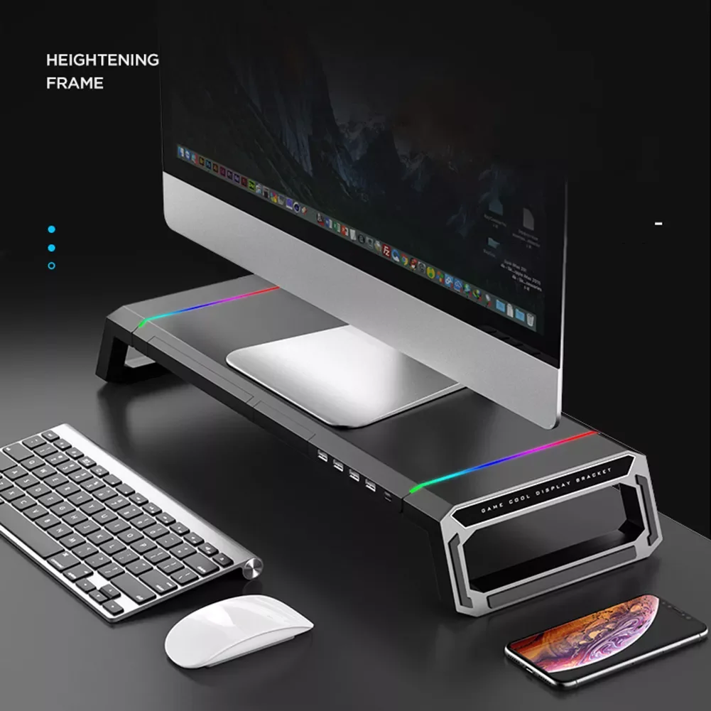 

Multi-Function Base Holder Desktop Monitor Stand Computer Screen Riser RGB 4 USB 2.0 Charging Desk Organizer Laptop Stand