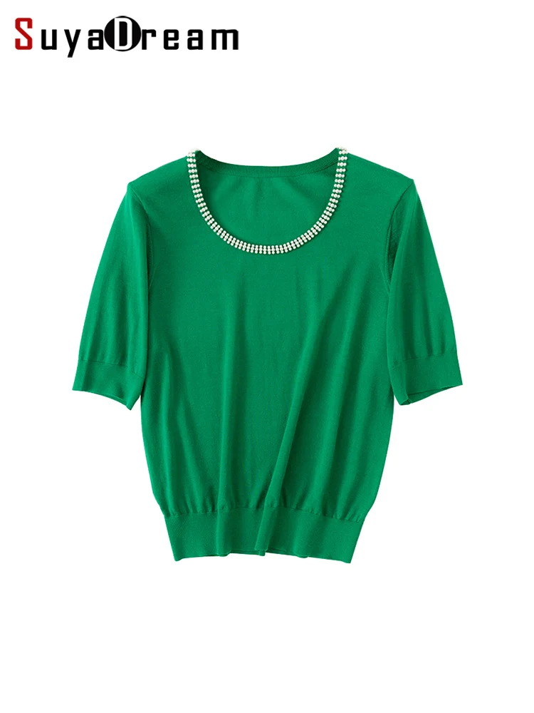 

SuyaDream 100%Wool Pullovers Pearl Beading Round Collar Short Sleeved Fall Winter Sweaters 2022 Chic Tops Green Black White