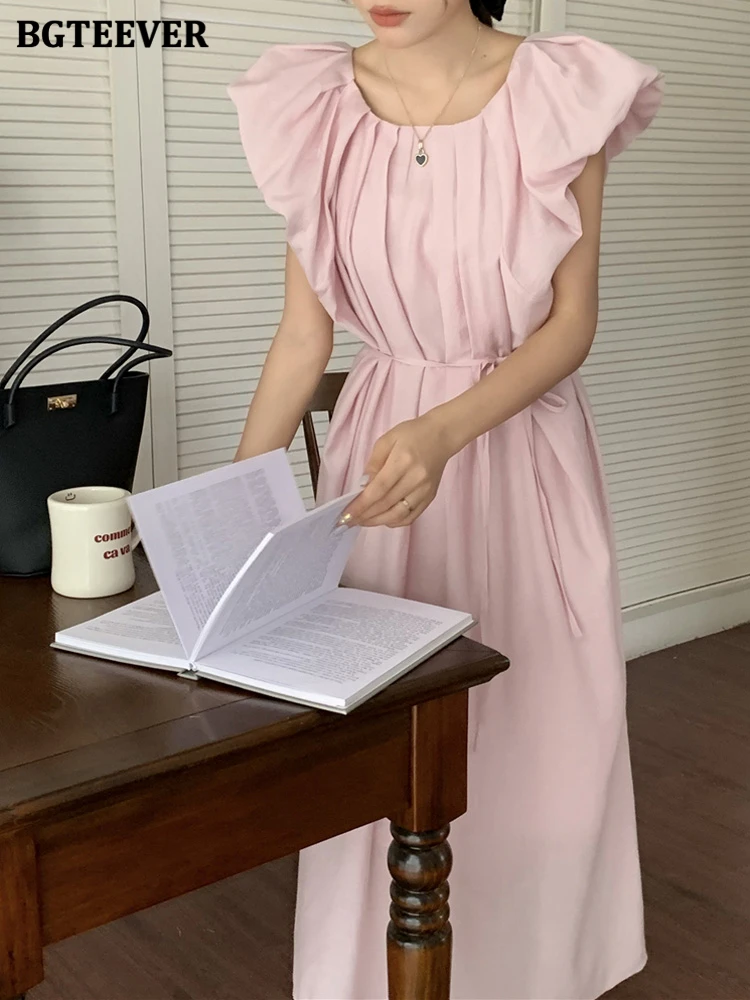 

Платье BGTEEVER женское средней длины с круглым вырезом, элегантное однотонное прямое свободное с пышными рукавами, на шнуровке, лето 2022