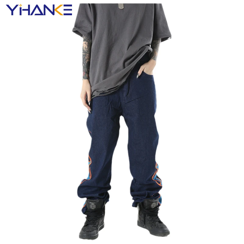 Flame Embroidery Men's Straight Jeans European and American High Street Tide Brand Hip Hop Casual Jeans for Men and Women