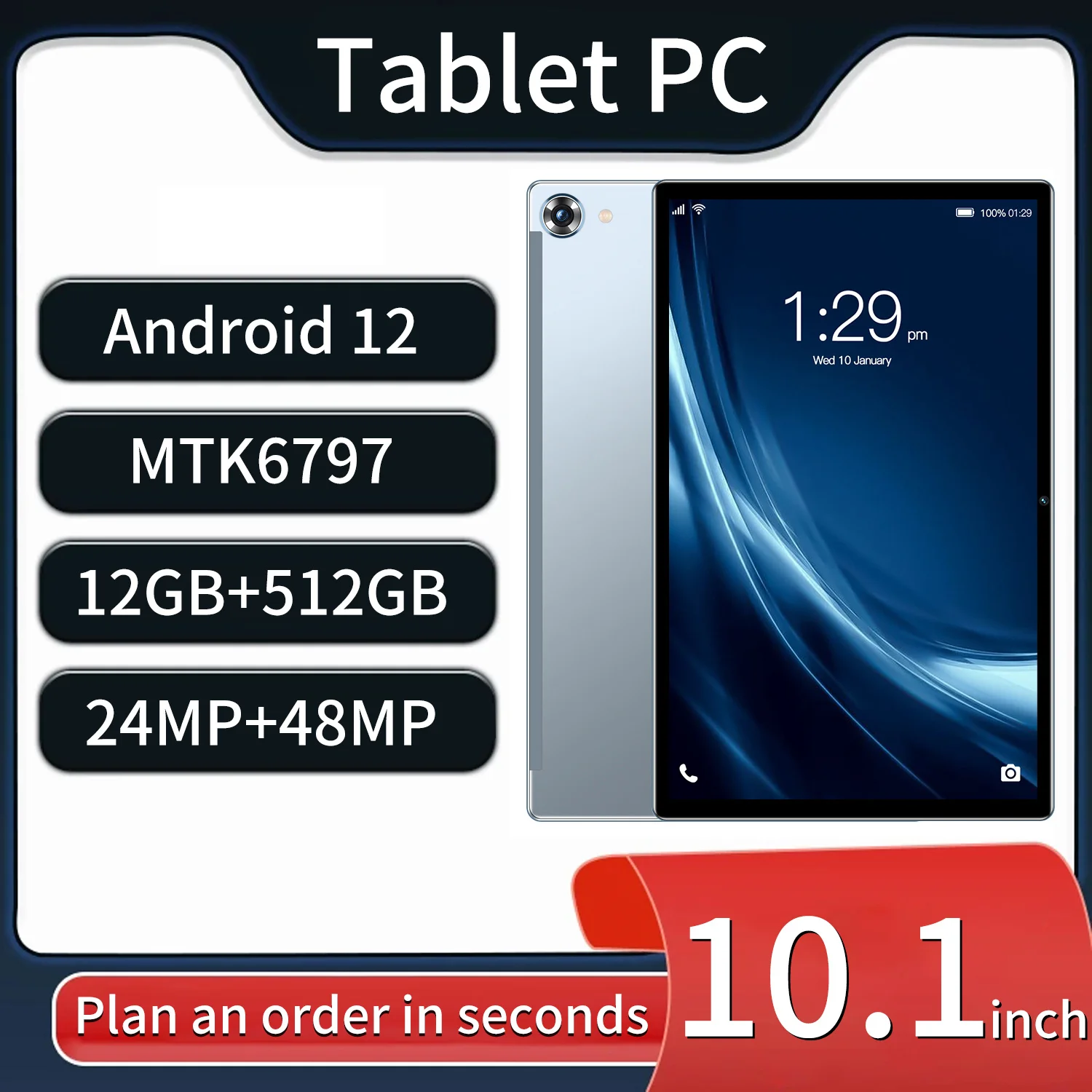 

ERZHOU New Pad 12G+512GB 10.1 Inch WiFi Tablet PC Tab 8000mAh Global Version Android 12 Dual SIM Tablet Camera GPS 5G Call Phone