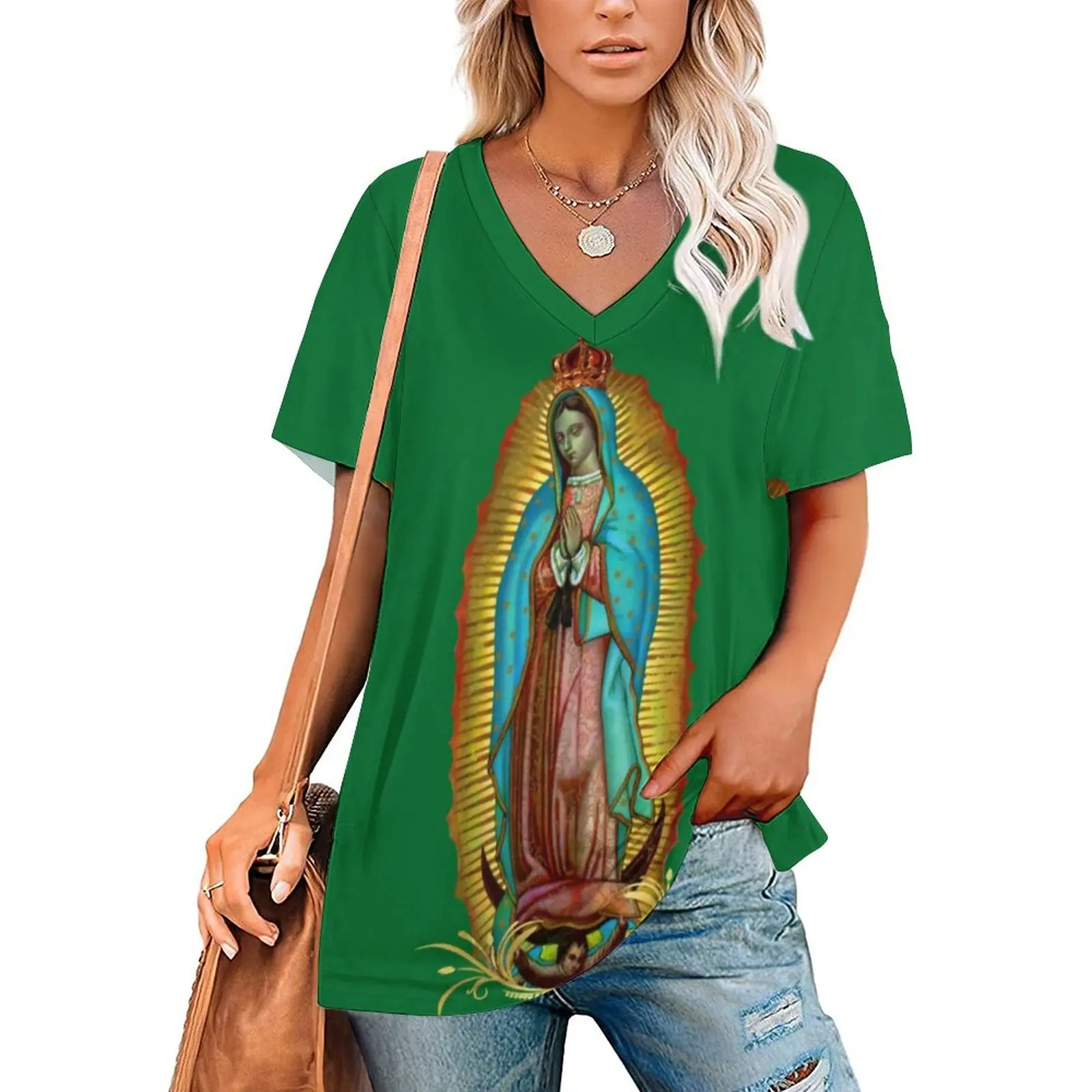 

Virgin Mary T-Shirts Mexican Virgin V Neck Casual Oversized T Shirt Short Sleeve Ladies Harajuku Tshirt Summer Graphic Tees