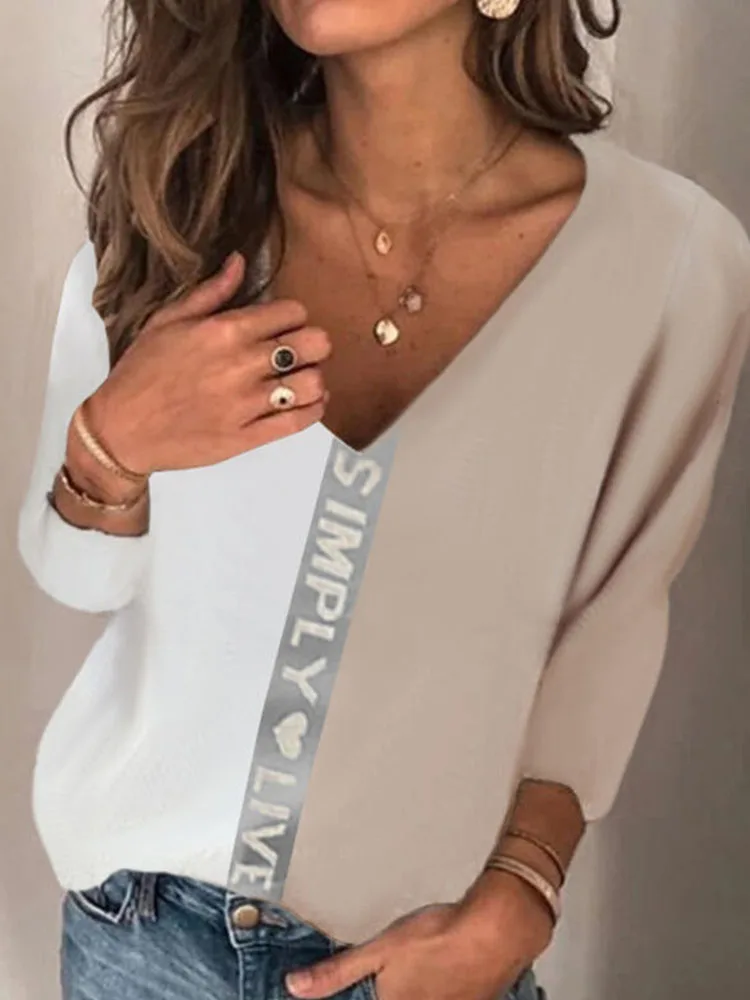 

Женская офисная блузка с длинным рукавом, повседневная привлекательная рубашка с буквенным принтом и V-образным вырезом, модные подходящие ...