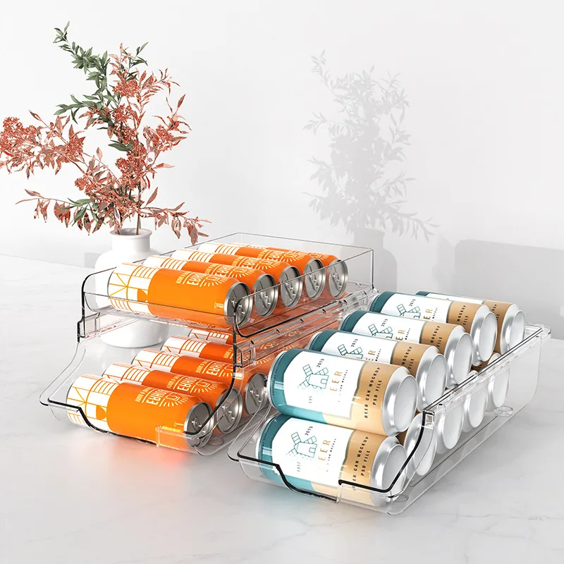 

Double-layer refrigerator beverage storage box Easy-open can rolling arrangement rack Coke storage rack Kitchen storage box