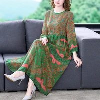 spring summer floral mulberry silk midi dress women korean vintage casual party dresses 2022 elegant loose waist plus size dress