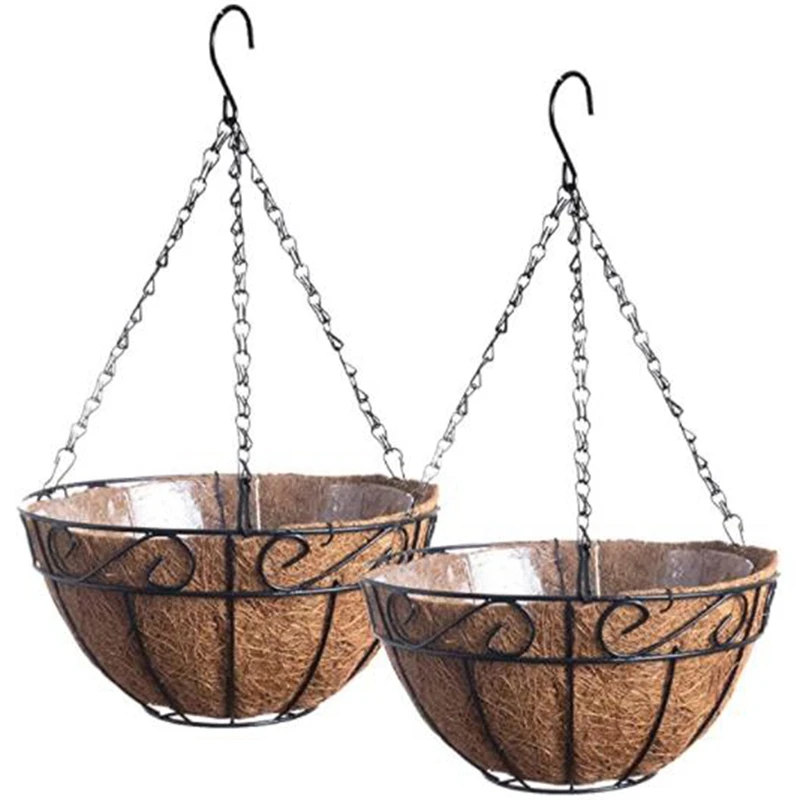 

Metal Hanging Planter Flower Basket With Coco Coir Liners 10Inch Round Wire Outdoor Porch Balcony Garden Decor, Set Of 2