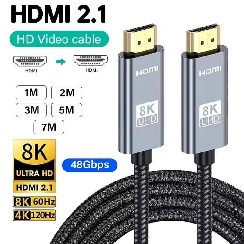 Фото Кабель-адаптер HDMI 2.1 для ТВ-приставки, монитора PS4, видеокабель для ноутбука, высокоскоростной HDR UHD 8K 60HZ 4K 120HZ 1M 2M 3M 5M 7M видеокабель №1