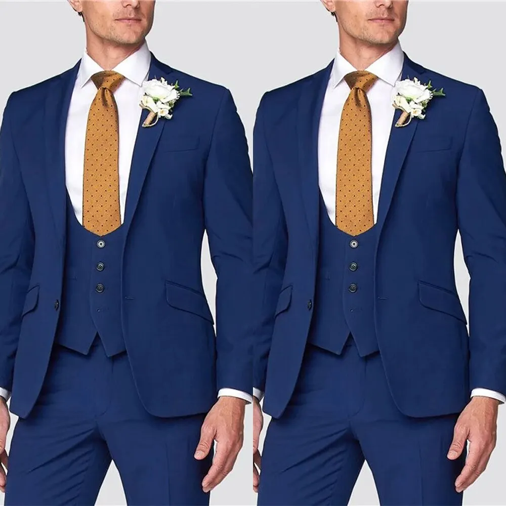 Three-piece Men's Suit Navy Blue Formal U-neck Vest Slim Fit Custom Jacket Waistcoat Pants Suitable For Wedding Groomsmen
