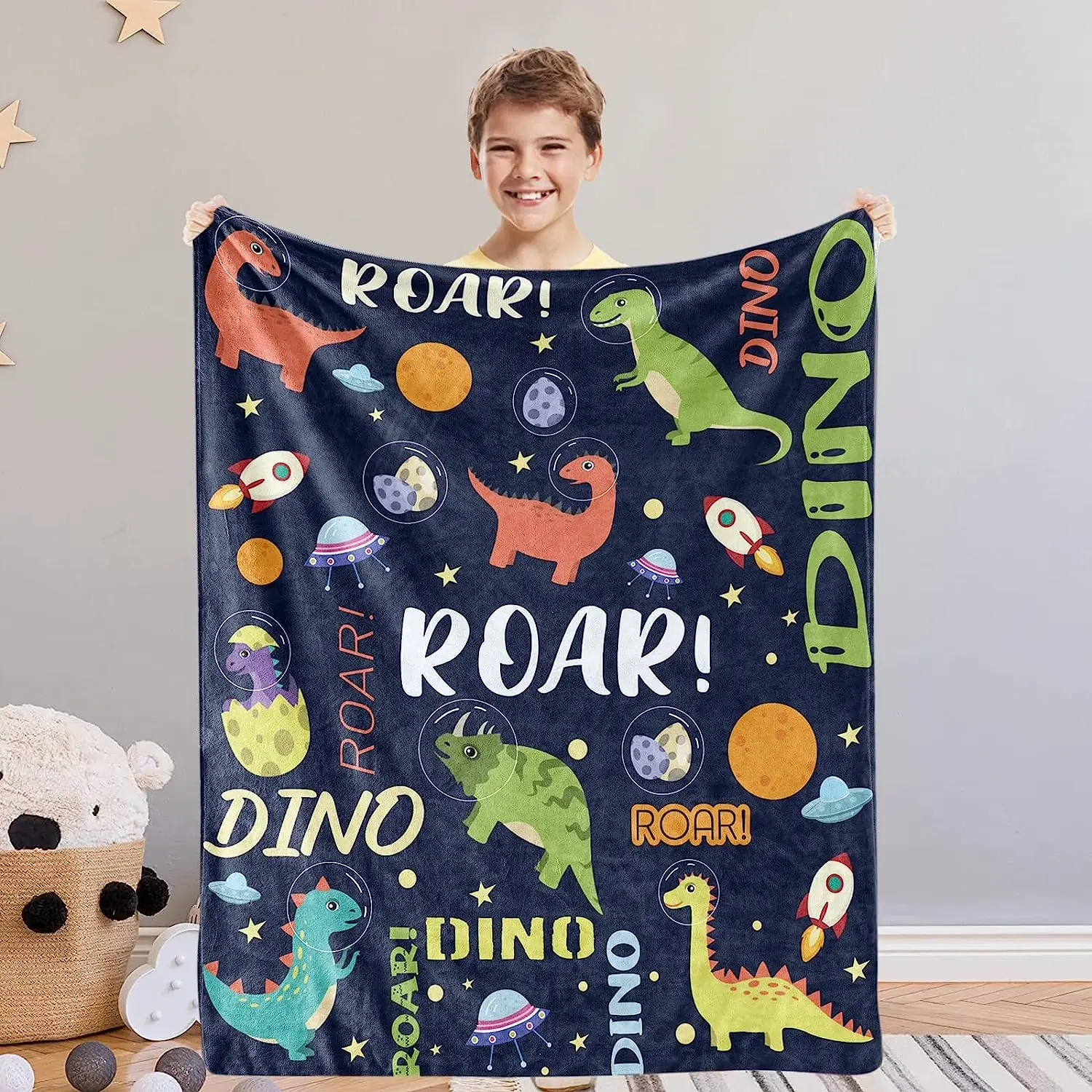 

Dinosaur Blanket for Boys Dino Throw Blankets for Kids Toddler Outer Space Theme Soft Flannel Fleece Blanket for Baby