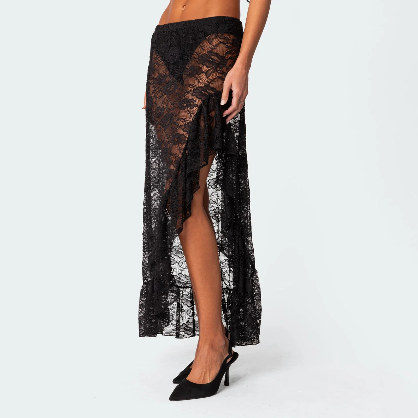 Женские кружевные длинные юбки винтажные однотонные асимметричные средней