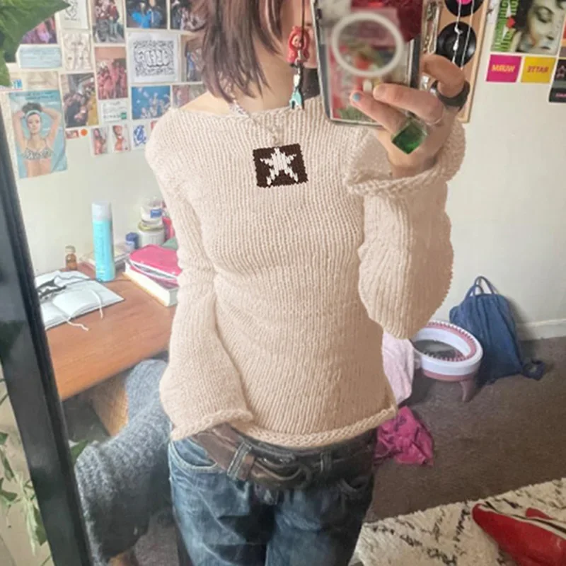 Y2K дизайн чувствительность цвет блокирующий вязаный пуловер рубашка уличная