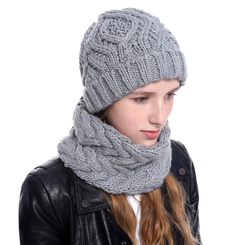 

Winter Knitted Scarf Hat Set Thick Warm Beanies Hats for Women Outdoor Cycling Riding Ski Bonnet Caps Tube Scarf Rings