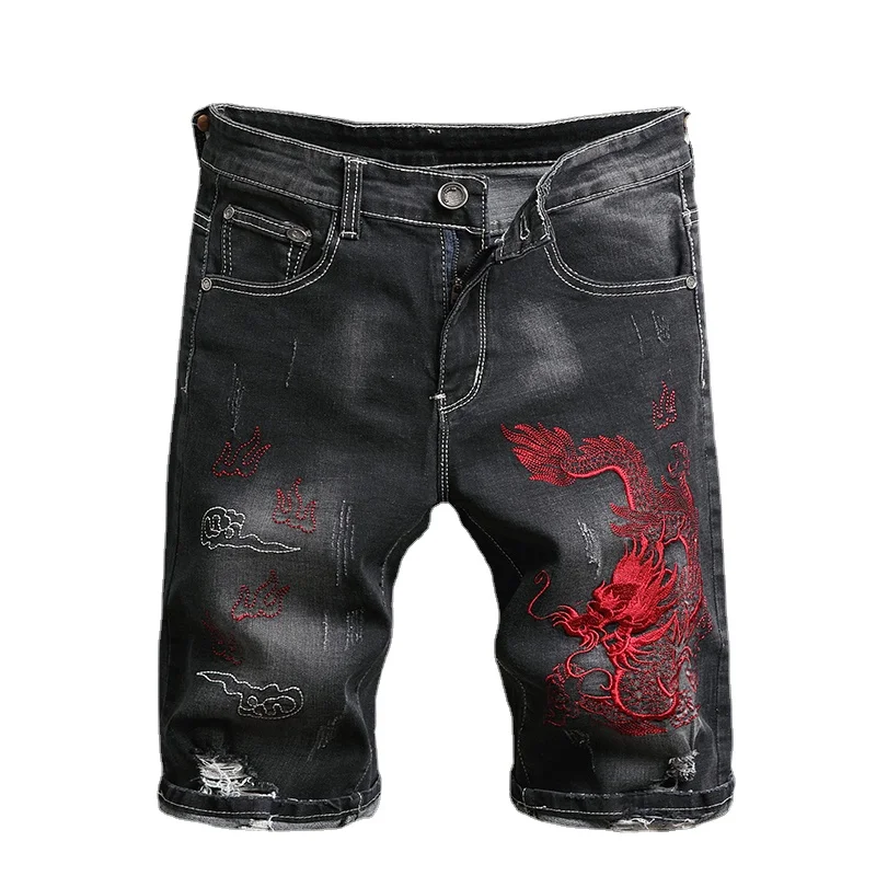 New Men's Denim Shorts Chinese Style Auspicious Yunlong Embroidery Men's Cotton Casual Slim Fit Straight Tube Jeans Shorts