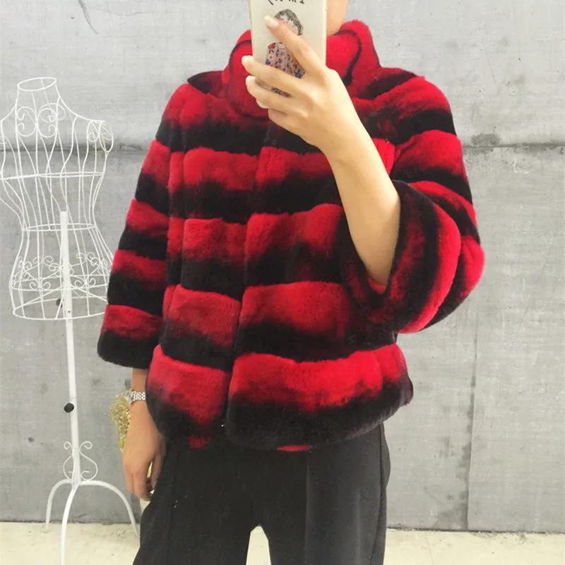 Women's Real Rex Rabbit Fur Coat Stand Collar Natural Fur Winter Jacket Long Style Chinchill Genuine Fur Coats