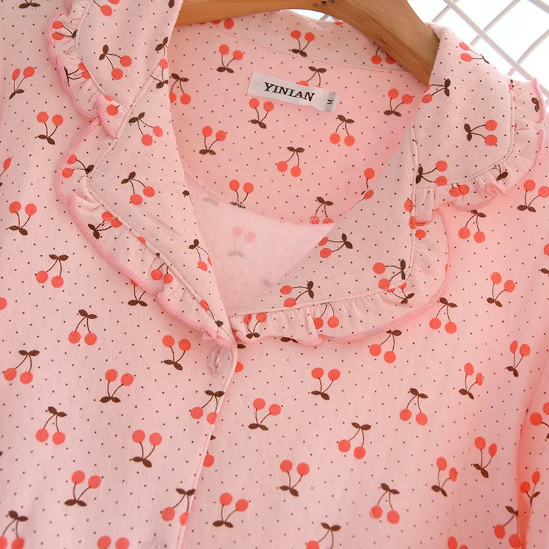 Knitted Cotton Pajamas Suit Women Double-layer Lace Lapel Four Seasons Thin Long-sleeved Trousers Cherry Two Piece Set Nightwear