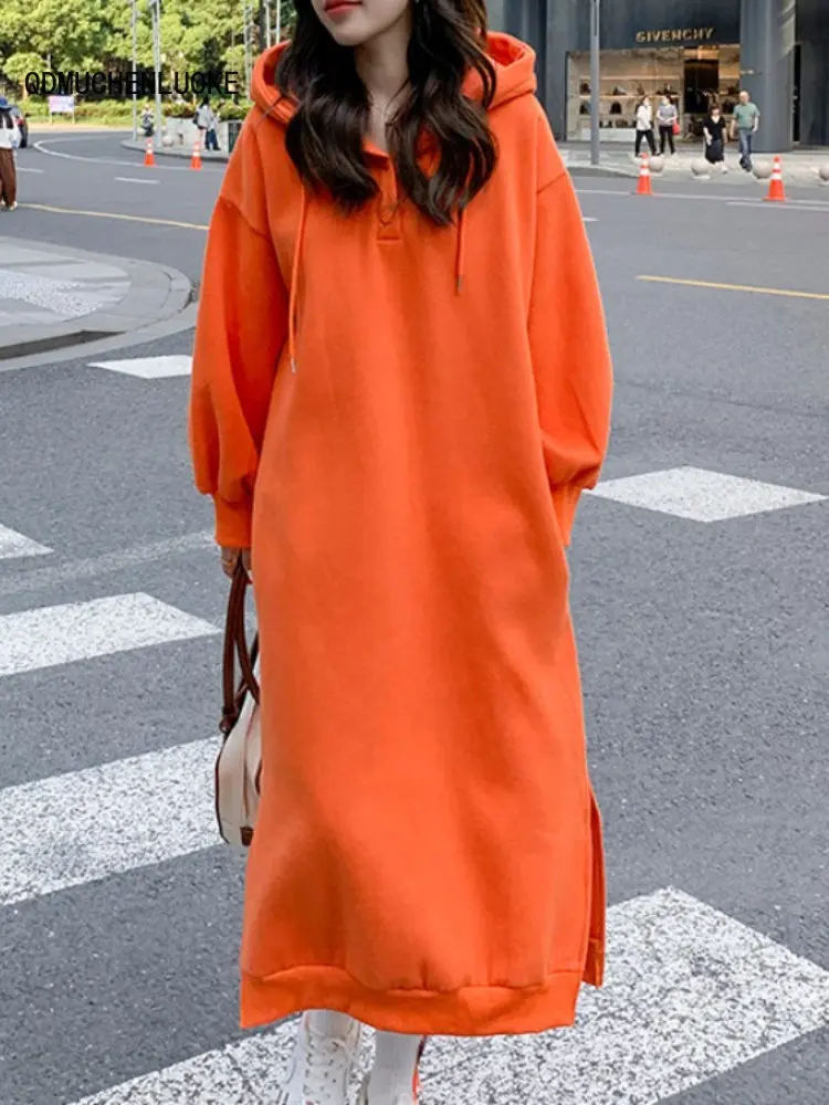 

Elegant and Pretty Women's Dresses 2023 New In Korean Fashion Autumn Winter Thickened and Plush Hooded Long Style Loose Dress