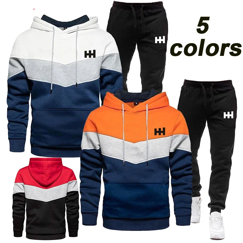 

2024 Men's Tricolor Patchwork Pullover Hoodie Set for Autumn and Winter Warmth Casual Printed Sweater Sports Set Jogging Set