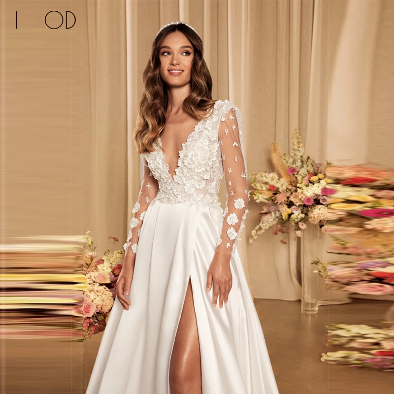 

I OD Vestidos De Novia Princess Bridal Gown Sexy V-neck Lace Applique Side Slit Backless Zipper Up Satin Wedding Dress For Woman