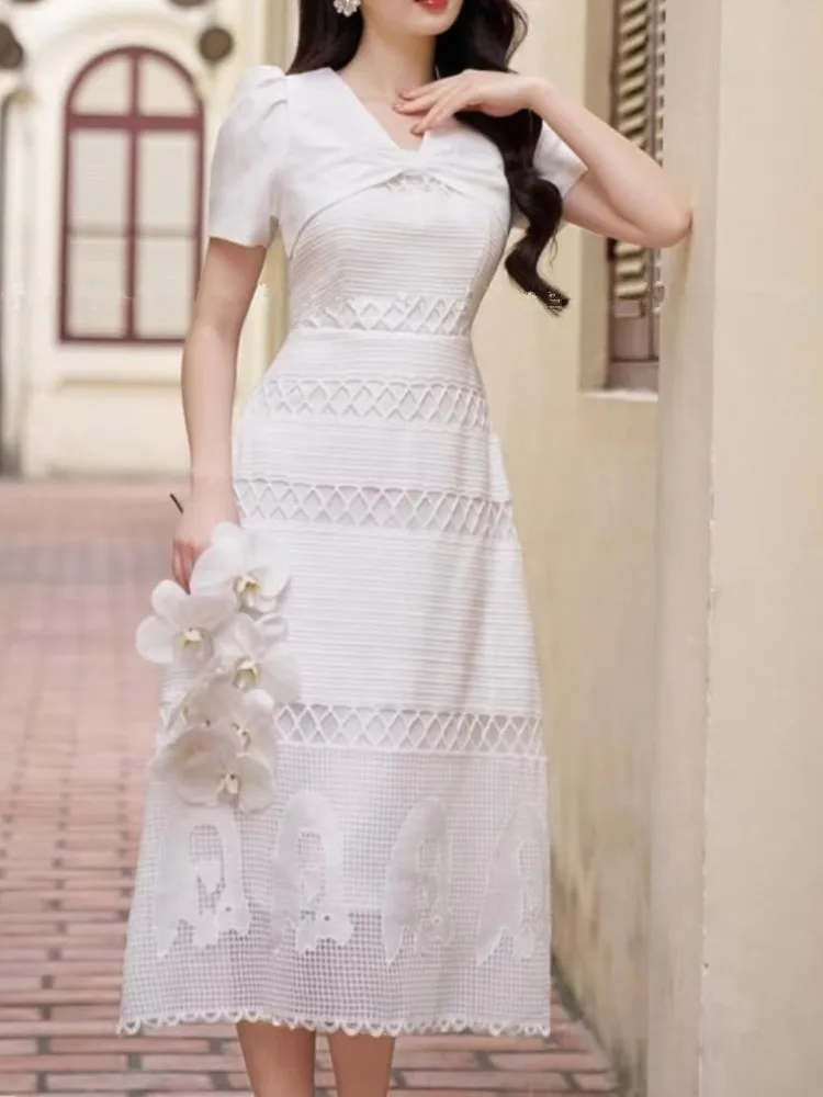 

Модное кружевное открытое летнее платье для женщин, элегантное винтажное подиумное вечерние платье с высокой талией, белое платье с вышивкой и коротким рукавом